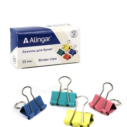 Зажимы для бумаг Alingar, 25 мм, цветные, 12 шт