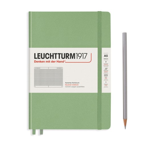 Записная книжка Leuchtturm A5, в клетку, пастельный зеленый, 251 страниц, твердая обложка