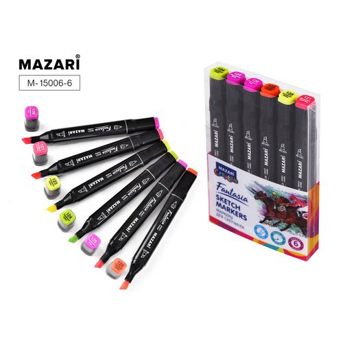 Набор маркеров для скетчинга Mazari Fantasia Fluorescent color, 6 шт набор маркеров для скетчинга двусторонние vinci black 6цв forest colors цвета леса корпус трех m 15142 6