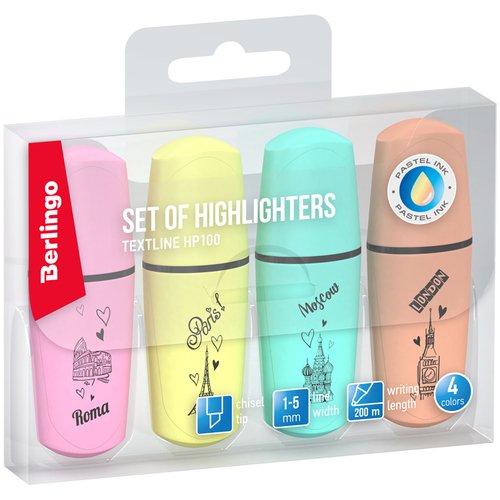 Набор текстовыделителей Berlingo Textline HP100 мини Пастельные цвета 1-5 мм 4 шт 350₽