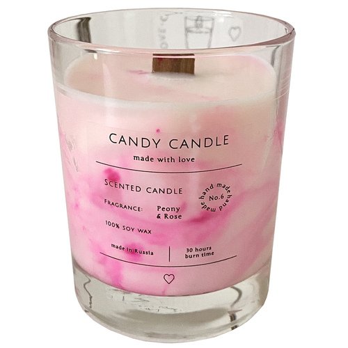 Свеча ароматическая Candy Candle, пион и роза, розовый мрамор, 180 мл свеча ароматическая candy candle бананово ореховый хлеб коричневый мрамор 180 мл