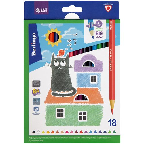 Карандаши цветные Berlingo SuperSoft. Жил-был кот, трехгранные, 18 цветов