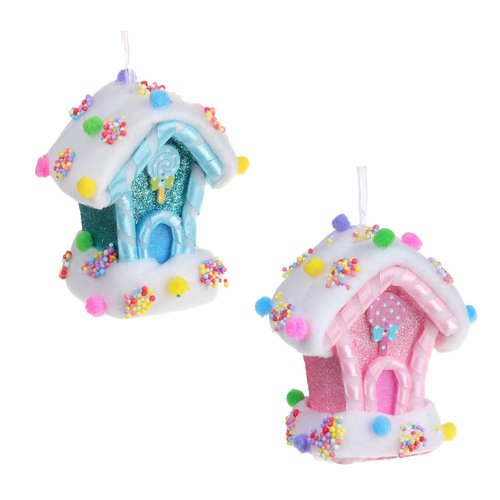 Подвеска декоративная СНОУ БУМ Конфетный домик с глиттером и помпонами 9 х 7 х 11 см 2 цвета 225₽