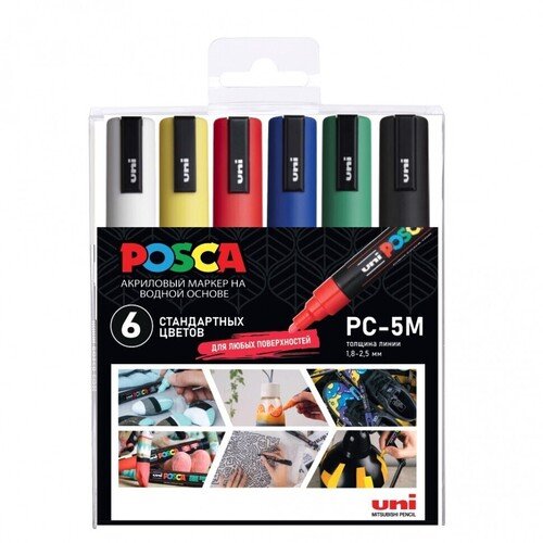 Набор маркеров Posca PC-5M Стандартные цвета, 6 шт набор маркеров posca pc 1m пастельные цвета 6 шт