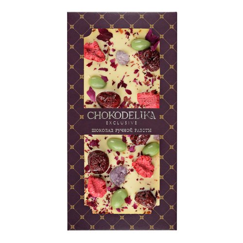 Шоколад Chokodelika белый с украшением Роза, малина, вишня, 100 гр, в блистере