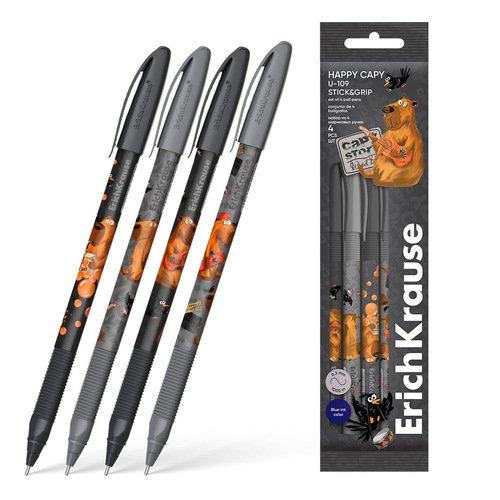 Набор из четырех шариковых ручек ErichKrause U-109 Stick Grip Happy Capy 10 Ultra Glide Technology цвет чернил синий 340₽