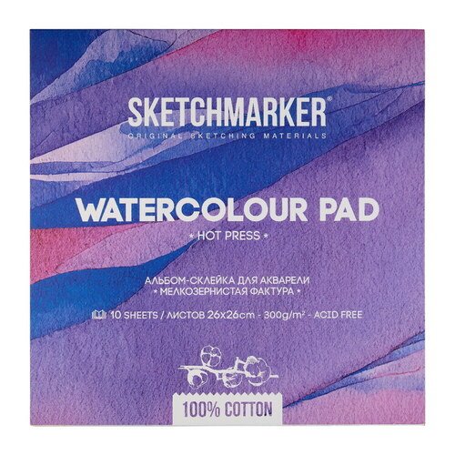 Альбом-склейка для акварели Sketchmarker 26х26 см 300гквм 10л 100 хлопок мелкозернистая 1000₽