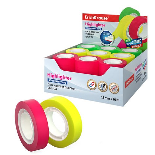 Клейкая лента ErichKrause Highlighter прозрачная цветная 12ммх20м в ассортименте 60₽