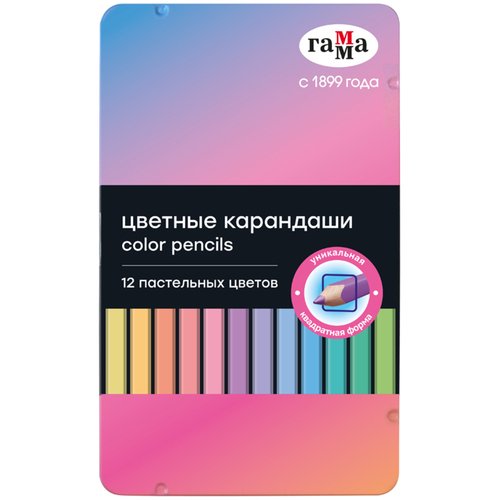Карандаши цветные Гамма 12 цветов квадратные пастельные заточенные металлический пенал 800₽