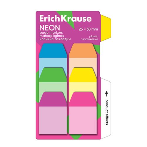 Клейкие закладки пластиковые ErichKrause Neon 25х38 мм 60 листов 6 цветов 320₽