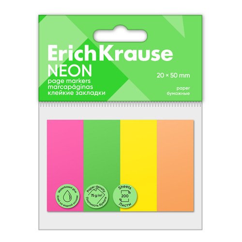 Клейкие закладки бумажные ErichKrause Neon 20x50 мм 200 листов 4 цвета 160₽