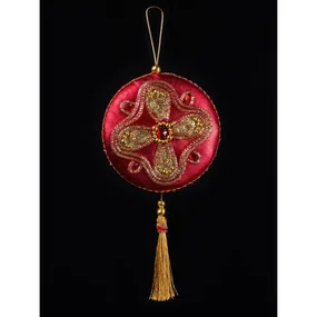 Премиум елочная игрушка Медальон с кисточкой красный с золотом, 15x20 см