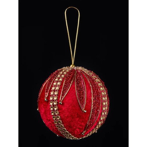 Премиум елочная игрушка шар красный бархатный с золотом и бисером 10 см 445₽