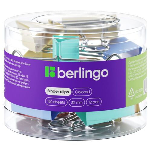 Зажимы для бумаг 32мм Berlingo 12шт цветные пластиковый тубус 370₽