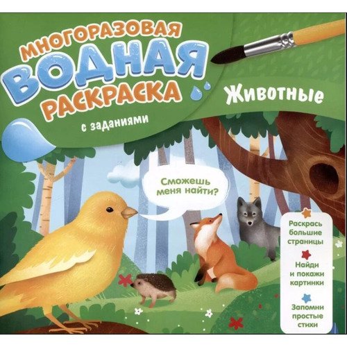 Многоразовая водная раскраска с заданиями. Животные