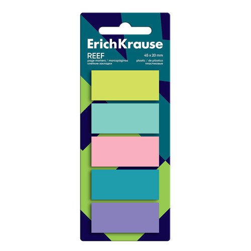 Клейкие закладки пластиковые ErichKrause Reef 45x20 мм 100 листов 5 цветов 190₽