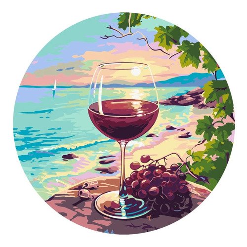 Картина по номерам на фигурном холсте Закат вино и море форма круг с акриловыми красками и кистями 900₽