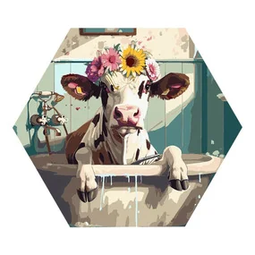 Картина по номерам на фигурном холсте Корова с цветами в ванной, форма многоугольник, с акриловыми красками и кистями
