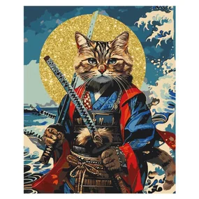 Картина по номерам на холсте с глиттером Кот-самурай, 40х50, с акриловыми красками и кистями
