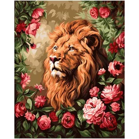 Картина по номерам на холсте ТРИ СОВЫ Царь зверей в цветах, 40х50, с акриловыми красками и кистями