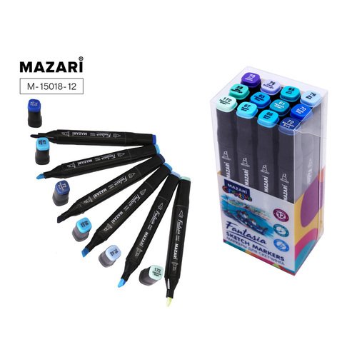 Набор маркеров для скетчинга Mazari Fantasia Marine blue, 12 шт mazari набор двухсторонних маркеров для скетчинга mazari fantasia white 48 цветов чехол на молнии