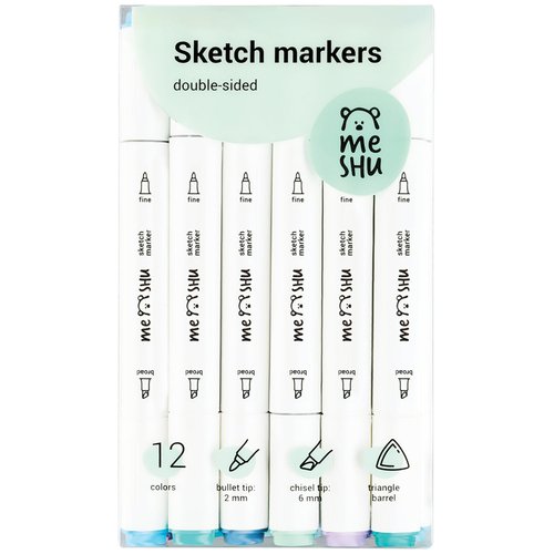 Набор двусторонних маркеров для скетчинга MESHU Морские цвета, 12 штук, в пластиковом боксе набор маркеров для скетчинга meshu 06цв пастельные цвета