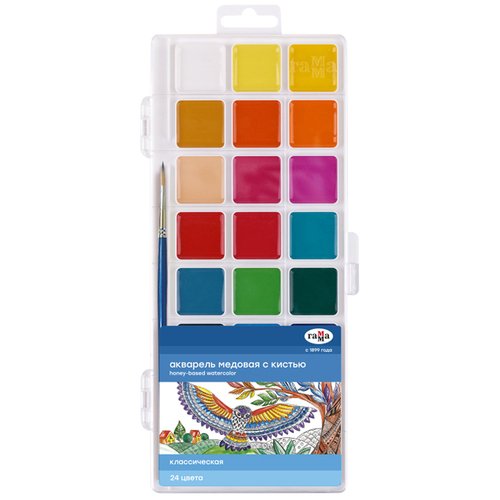 Акварель Гамма Классическая медовая 24 цвета с кистью пластиковая упаковка 1009203 380₽