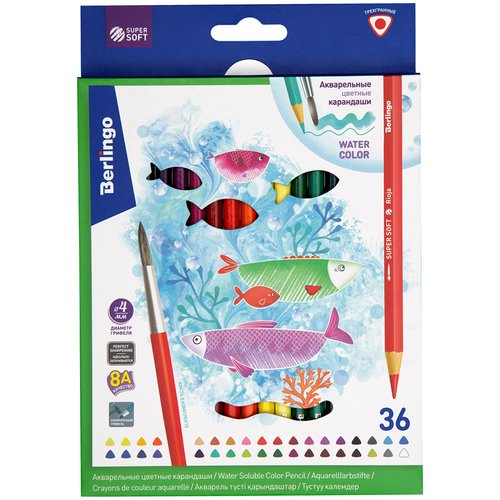 Карандаши акварельные Berlingo SuperSoft. Рыбки, 36 цветов, трехгранные, с кистью