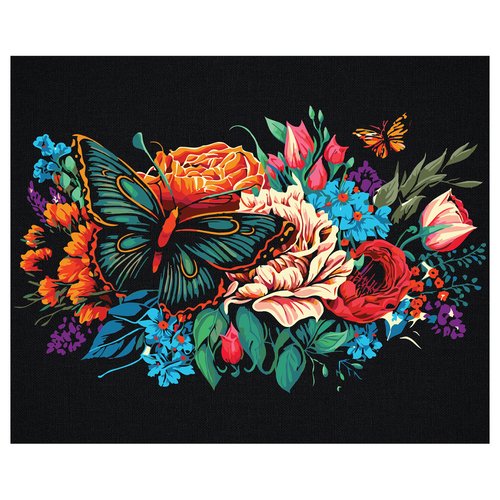 Картина по номерам на черном холсте Три совы Бабочка на цветах, 40х50 см