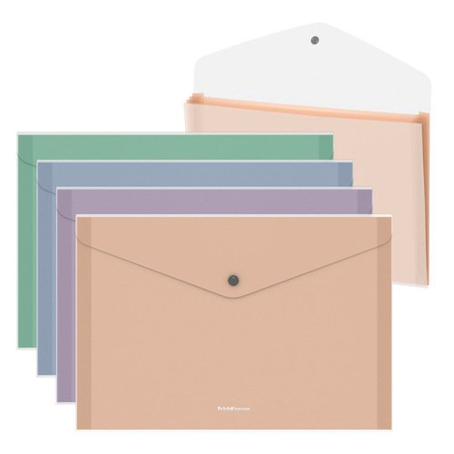 Папка-конверт на кнопке пластиковая ErichKrause Matt Pastel Bloom, с 4 цветными отделениями, A4, прозрачный, в ассортименте папка на резинках пластиковая erichkrause matt pastel a4 в ассортименте