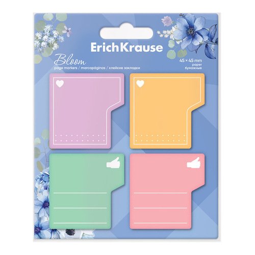 Клейкие закладки бумажные ErichKrause Pastel Bloom 45х45 мм 80 листов 4 цвета 240₽