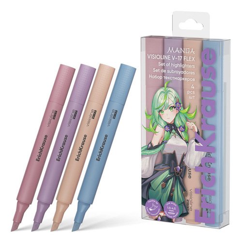 Набор текстмаркеров ErichKrause Visioline V-17 Mini Flex Manga с гибким наконечником цвет чернил ассорти 4 штуки 470₽