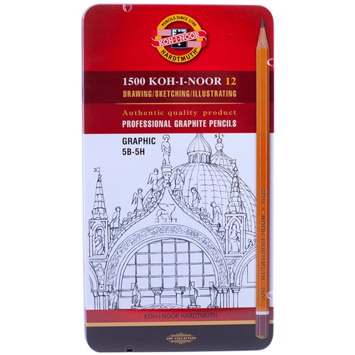 Набор карандашей чг Koh-I-Noor 1500 Graphic 12шт 5B-5H заточенные металлический пенал 1800₽