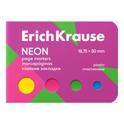 Клейкие закладки пластиковые ErichKrause Neon 1875x50 мм 100 листов 4 цвета в картонной книжке 150₽