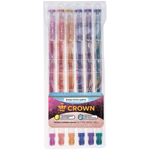 Набор гелевых ручек Crown Glitter Metal Jell, 6 шт, 6 цветов, 1,0 мм, с блестками