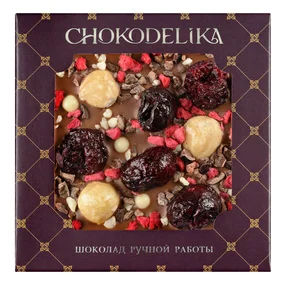 Шоколад Chokodelika молочный с украшением Фундук и вишня, 35 гр, в подарочной упаковке