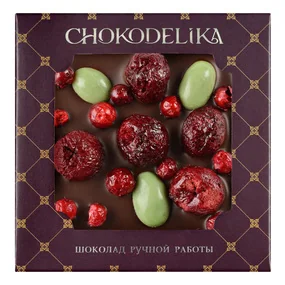 Шоколад Chokodelika Брусника и вишня темный, с украшением, в блистере, 35 г