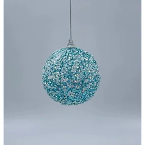 Елочная игрушка шар голубой с белым бисером, 8 см
