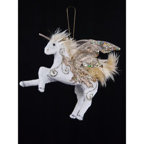 Премиум елочная игрушка Единорог с крыльями белый с серебряным декором 25х25 см 990₽