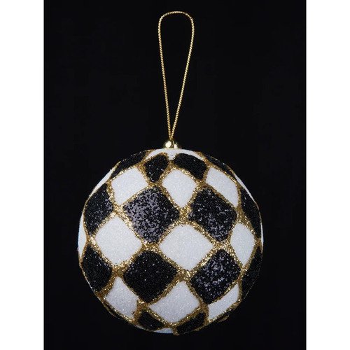 Премиум елочная игрушка Шар черно-белый с узором ромб с золотым глиттером 10 см 645₽