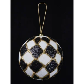 Премиум елочная игрушка Шар черно-белый с узором ромб с золотым глиттером, 10 см