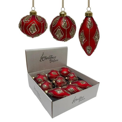 Подвесное стеклянное украшение Christmas Deluxe шаркапляшар-луковка красный с золотым узором 8 см 3 вида 195₽