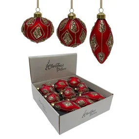 Подвесное стеклянное украшение Christmas Deluxe: шар/капля/шар-луковка,  красный с золотым узором, 8 см, 3 вида