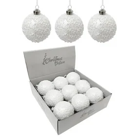 Шар стеклянный белый с бисером, 8 см