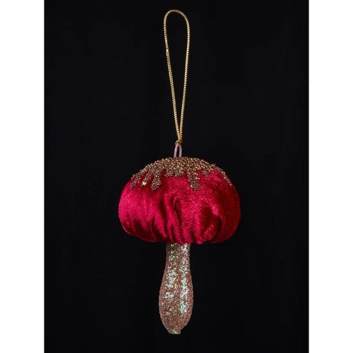 Премиум елочная игрушка Гриб бордовый с глиттером и стеклярусом 8х12 см 363₽