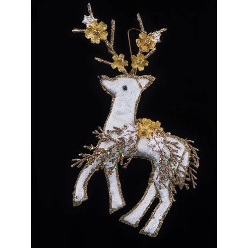 Премиум елочная игрушка Олень кремовый с золотым декором 15х28 см 575₽