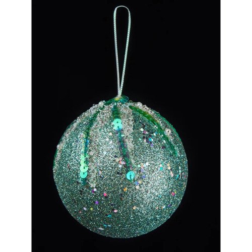 Премиум елочная игрушка Шар светло-бирюзовый с цветными глиттером пайетками и бусинами 10 см 395₽