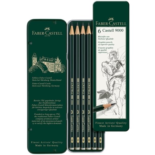 Набор карандашей чернографитных Faber-Castell Castell 9000, 6шт., HB-8B, металлическая коробка