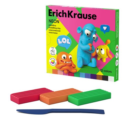 Пластилин классический ErichKrause Jolly Friends Neon 12 цветов со стеком 216 г 450₽