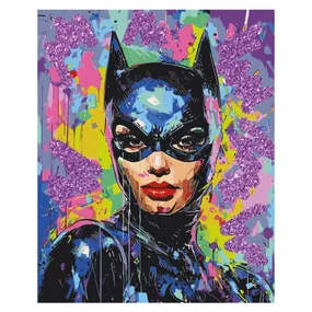 Картина по номерам на холсте с глиттером Женщина-кошка, 40х50, с акриловыми красками и кистями